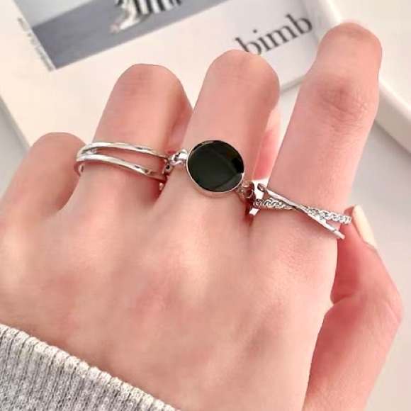 Three Rhinestones Black Enamel Open End Rings Set - Picture 3 of 8